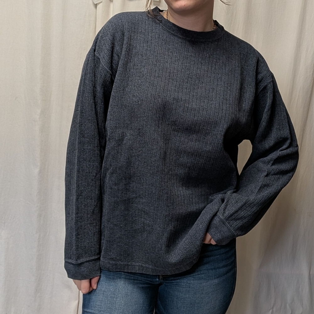 Vintage Naturalife Men's Dark Blue/Greyish Ribbed Crewneck Grandpa Sweater